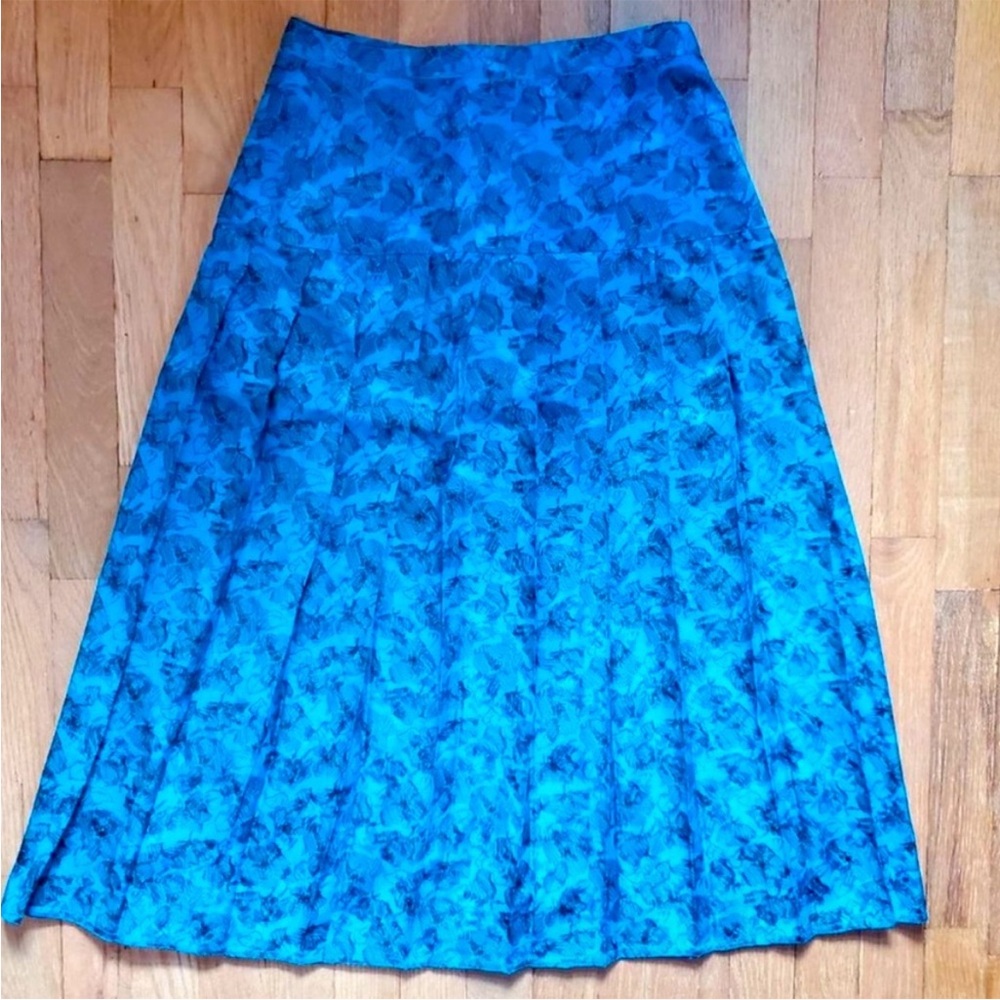 Vintage 70s Teal Blue Black Floral Pleated A Line Midi Skirt Women's